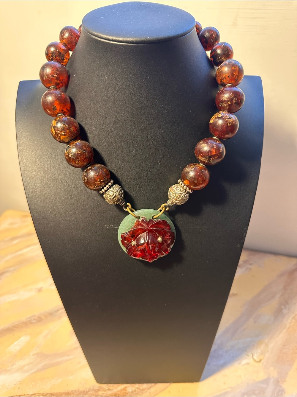 Masha Archer Handcrafted Red Amber Bead Necklace with Carved Red Flower Pendant